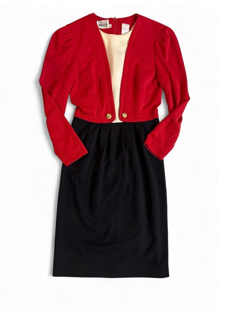 Leslie Fay Red and Black Long-Sleeve Two-Piece Look Dress